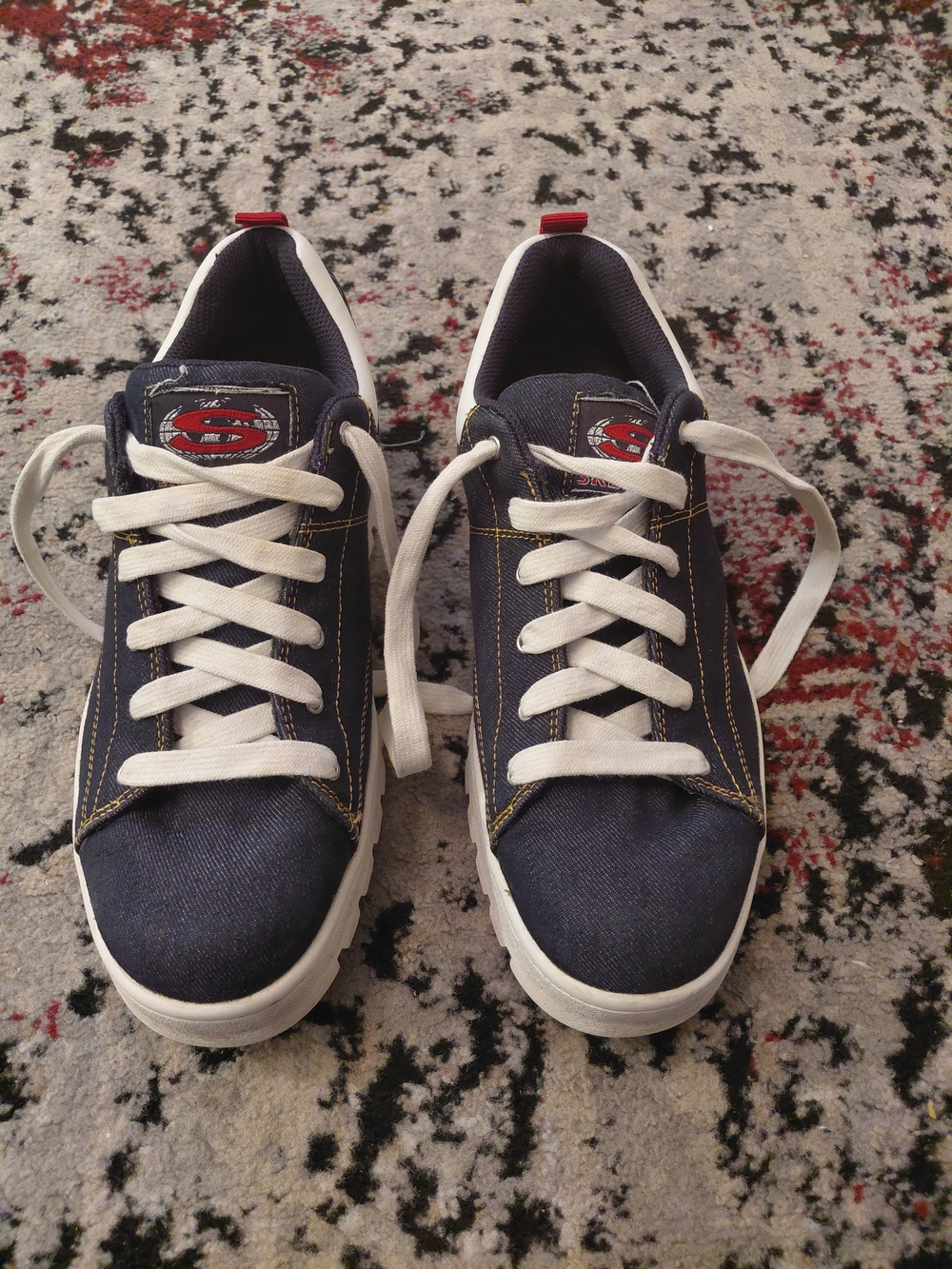 Skechers  Wonen Denim Navy and White Lace-Up Low-Top Sneakers with Red Heel Tab